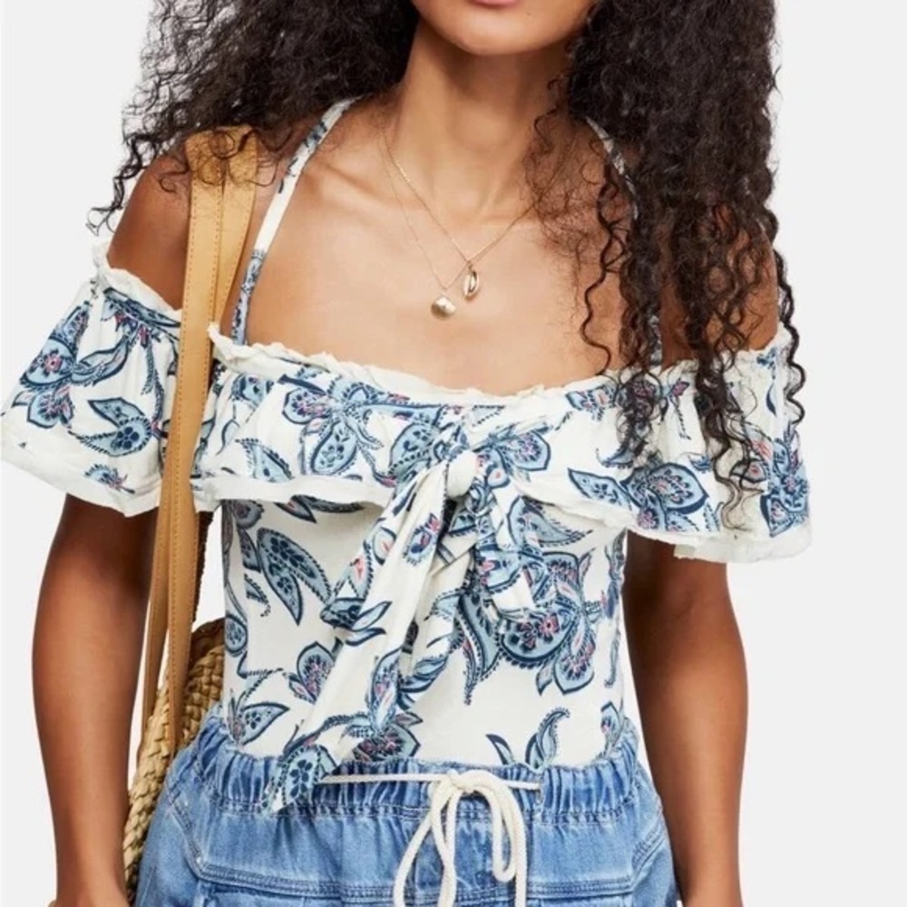 NWT Free People Cha Cha Off The Shoulder Cream And Blue Blouse Size Extra Small
